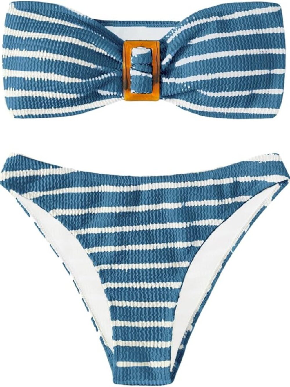 💙 NWT GORGLITTER Striped Bandeau Bikini Set | Medium | Blue Buckle Detail Swim